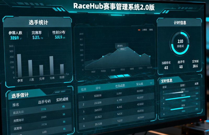 RaceHub赛事管理系统2.0版界面展示，大屏幕显示实时数据仪表盘，包含选手统计和计时信息