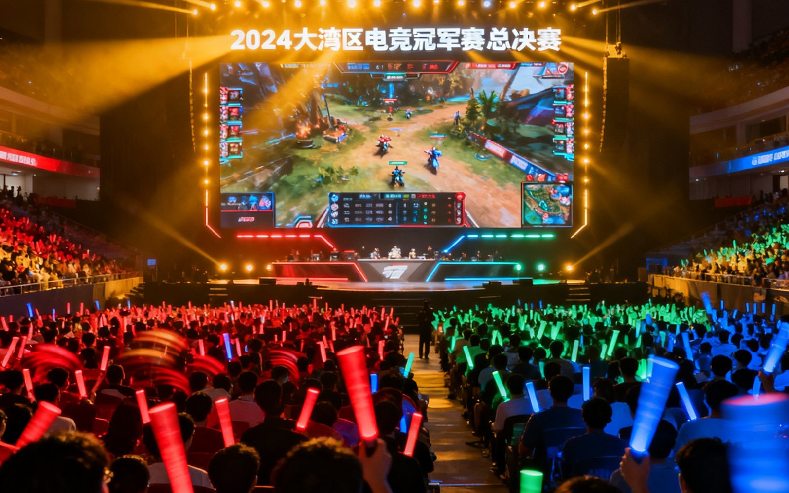 2024大湾区电竞冠军赛总决赛现场，巨大的LED屏幕展示实时对战画面，数千名观众挥舞荧光棒，舞台灯光绚丽多彩